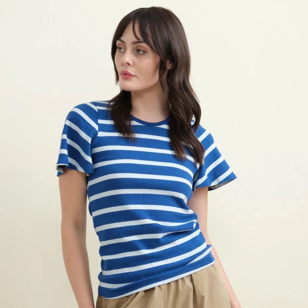 Amo Denim Sylvie‎ Tee Size Medium Stiped Blue and White Nautical Flutter Sleeve
